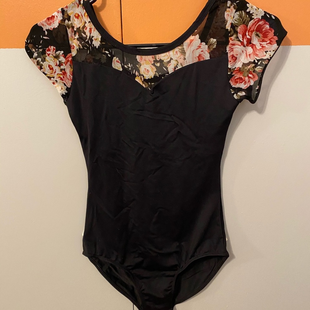 Black leotard with floral cap sleeves